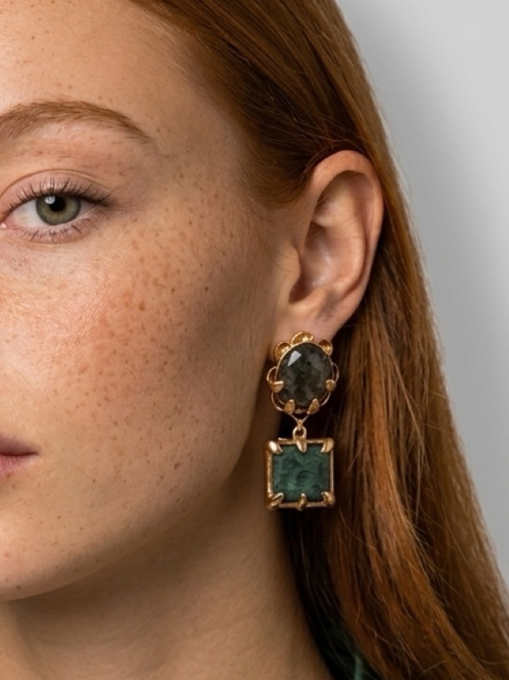 Gold and Emerald Green Drop Earrings